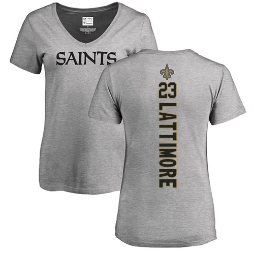 NFL Women's Nike New Orleans Saints #23 Marshon Lattimore Ash Backer V-Neck T-Shirt
