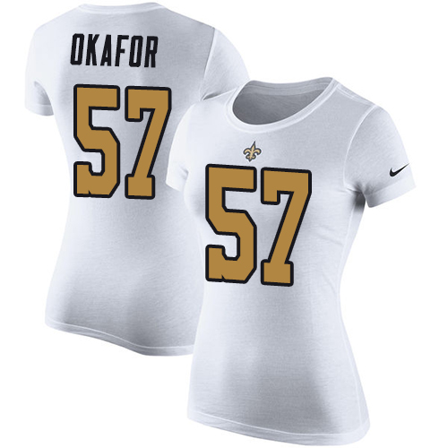 NFL Women's Nike New Orleans Saints #57 Alex Okafor White Rush Pride Name & Number T-Shirt