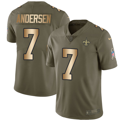 Men's Nike New Orleans Saints #7 Morten Andersen Limited Olive/Gold 2017 Salute to Service NFL Jersey