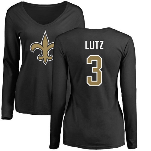 NFL Women's Nike New Orleans Saints #3 Will Lutz Black Name & Number Logo Slim Fit Long Sleeve T-Shirt