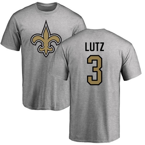 NFL Nike New Orleans Saints #3 Will Lutz Ash Name & Number Logo T-Shirt
