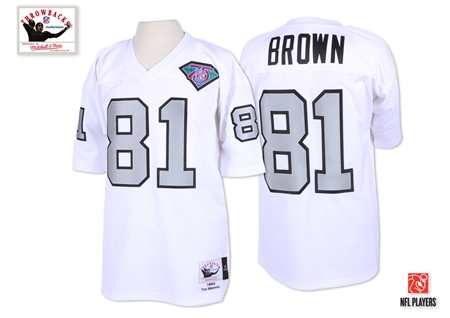 Mitchell And Ness Oakland Raiders #81 Tim Brown 1994 White Silver No. with 75TH Patch Authentic NFL Jersey