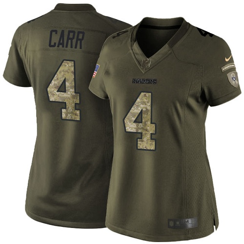 Women's Nike Oakland Raiders #4 Derek Carr Elite Green Salute to Service NFL Jersey