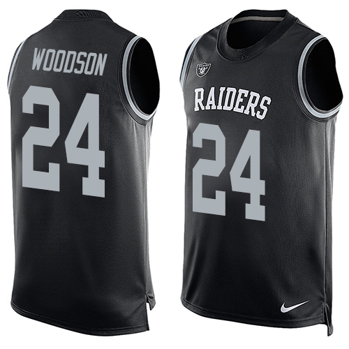 Men's Nike Oakland Raiders #24 Charles Woodson Limited Black Player Name & Number Tank Top NFL Jersey
