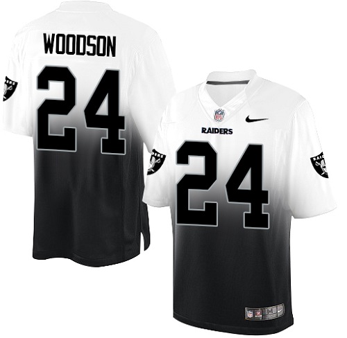 Men's Nike Oakland Raiders #24 Charles Woodson Elite White/Black Fadeaway NFL Jersey