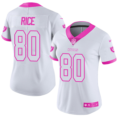 Women's Nike Oakland Raiders #80 Jerry Rice Limited White/Pink Rush Fashion NFL Jersey