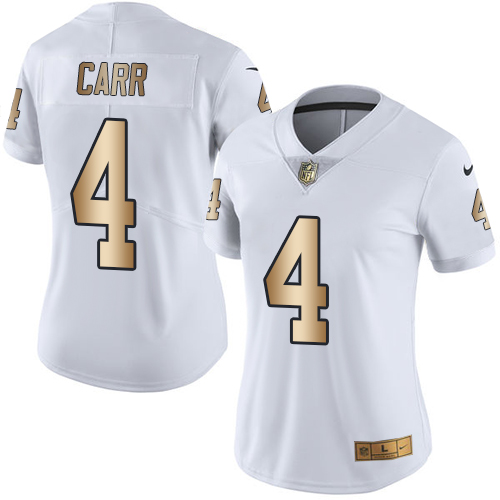 Women's Nike Oakland Raiders #4 Derek Carr Limited White/Gold Rush Vapor Untouchable NFL Jersey