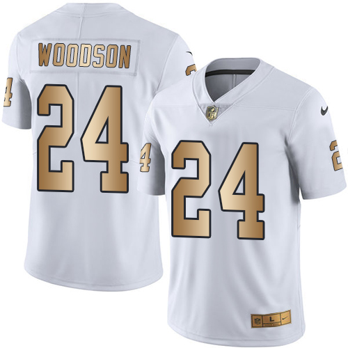 Men's Nike Oakland Raiders #24 Charles Woodson Limited White/Gold Rush Vapor Untouchable NFL Jersey