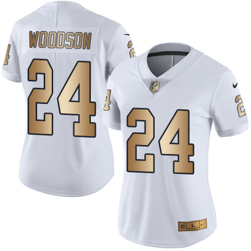 Women's Nike Oakland Raiders #24 Charles Woodson Limited White/Gold Rush Vapor Untouchable NFL Jersey