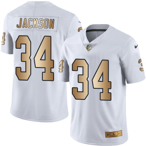 Men's Nike Oakland Raiders #34 Bo Jackson Limited White/Gold Rush Vapor Untouchable NFL Jersey