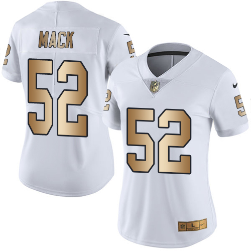 Women's Nike Oakland Raiders #52 Khalil Mack Limited White/Gold Rush Vapor Untouchable NFL Jersey