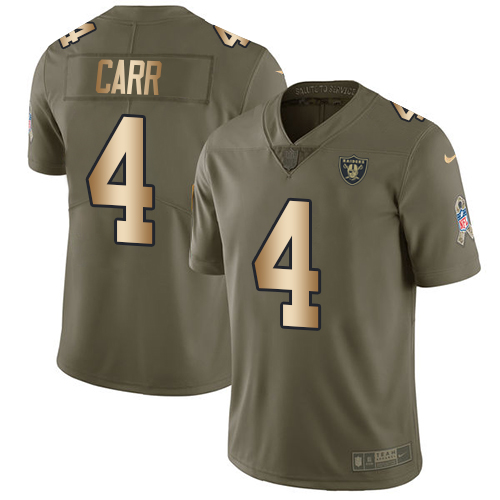 Youth Nike Oakland Raiders #4 Derek Carr Limited Olive/Gold 2017 Salute to Service NFL Jersey