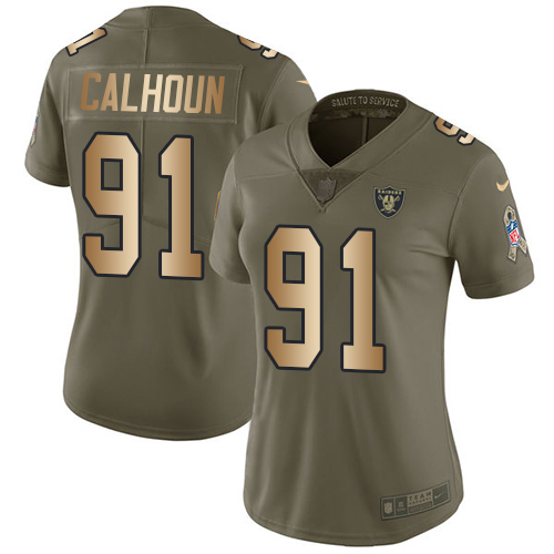 Women's Nike Oakland Raiders #91 Shilique Calhoun Limited Olive/Gold 2017 Salute to Service NFL Jersey