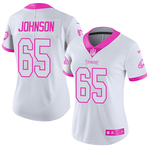 Women's Nike Philadelphia Eagles #65 Lane Johnson Limited White/Pink Rush Fashion NFL Jersey