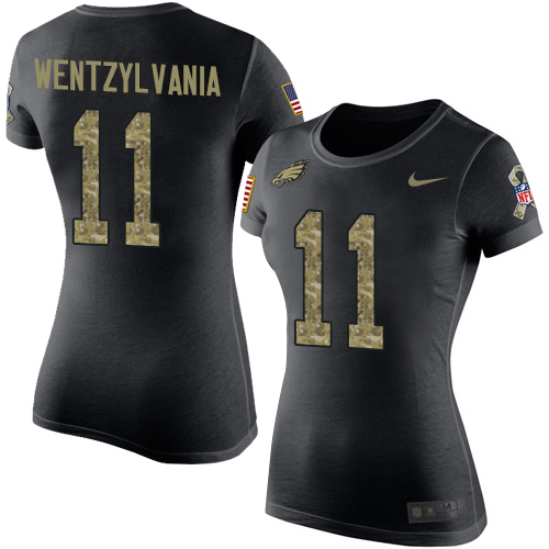 NFL Women's Nike Philadelphia Eagles #11 Carson Wentz Wentzylvania Black Camo Salute to Service T-Shirt