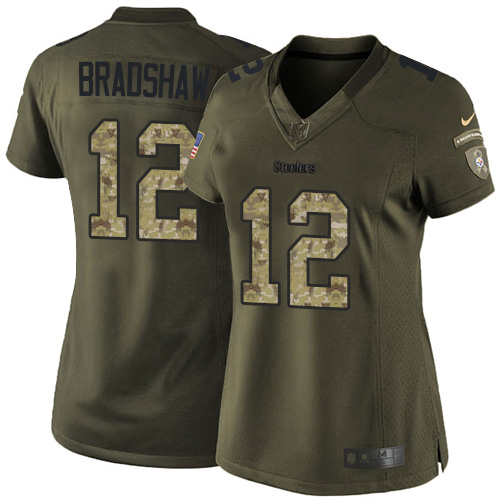 Women's Nike Pittsburgh Steelers #12 Terry Bradshaw Elite Green Salute to Service NFL Jersey