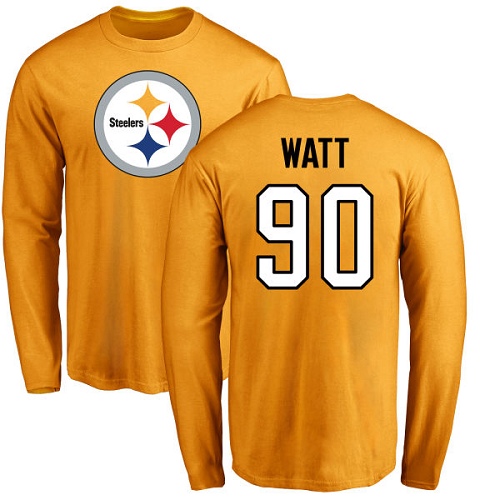 NFL Nike Pittsburgh Steelers #90 T. J. Watt Gold Name & Number Logo Long Sleeve T-Shirt