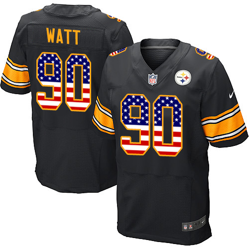 Men's Nike Pittsburgh Steelers #90 T. J. Watt Elite Black Home USA Flag Fashion NFL Jersey