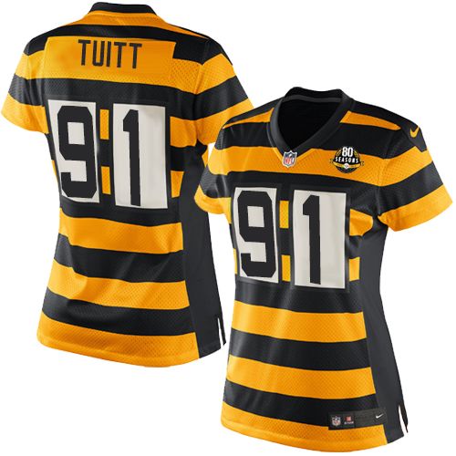 Women's Nike Pittsburgh Steelers #91 Stephon Tuitt Elite Yellow/Black Alternate 80TH Anniversary Throwback NFL Jersey