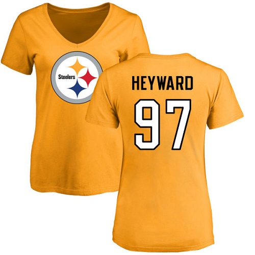 NFL Women's Nike Pittsburgh Steelers #97 Cameron Heyward Gold Name & Number Logo Slim Fit T-Shirt