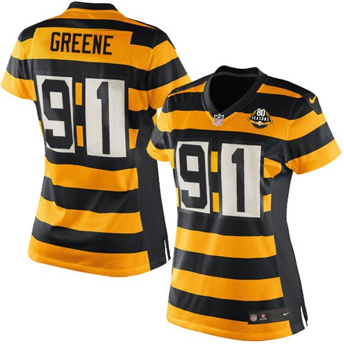 Women's Nike Pittsburgh Steelers #91 Kevin Greene Game Yellow/Black Alternate 80TH Anniversary Throwback NFL Jersey