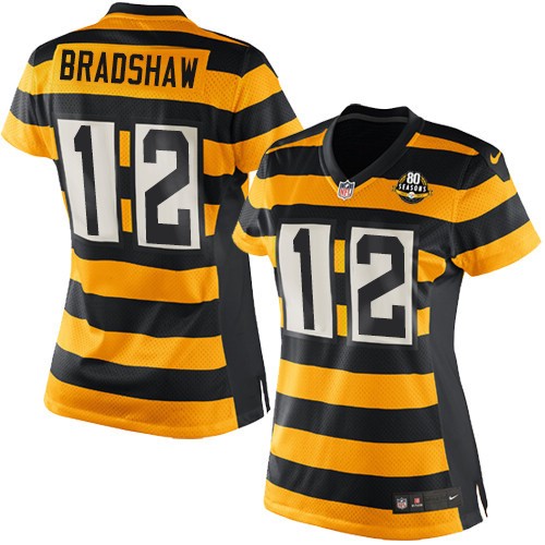 Women's Nike Pittsburgh Steelers #12 Terry Bradshaw Game Yellow/Black Alternate 80TH Anniversary Throwback NFL Jersey