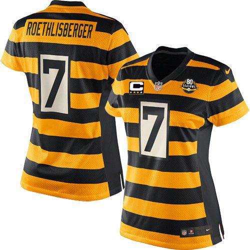 Women's Nike Pittsburgh Steelers #7 Ben Roethlisberger Elite Yellow/Black Alternate 80TH Anniversary Throwback C Patch NFL Jersey