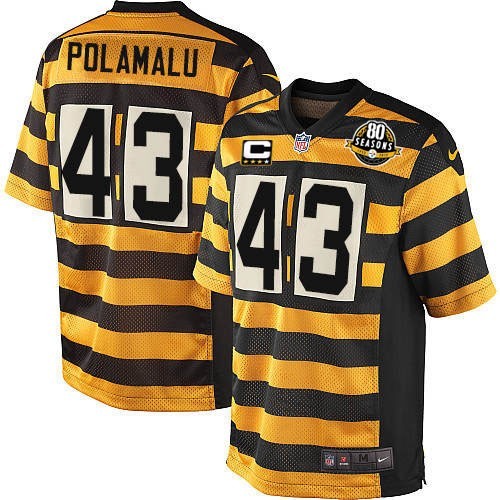 Youth Nike Pittsburgh Steelers #43 Troy Polamalu Elite Yellow/Black Alternate 80TH Anniversary Throwback C Patch NFL Jersey