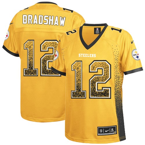 Women's Nike Pittsburgh Steelers #12 Terry Bradshaw Elite Gold Drift Fashion NFL Jersey