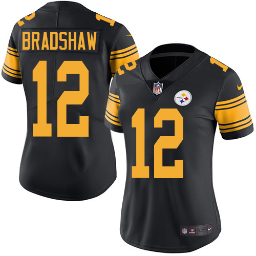 Women's Nike Pittsburgh Steelers #12 Terry Bradshaw Limited Black Rush Vapor Untouchable NFL Jersey