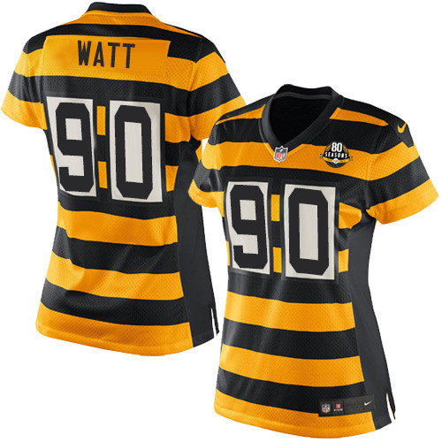 Women's Nike Pittsburgh Steelers #90 T. J. Watt Game Yellow/Black Alternate 80TH Anniversary Throwback NFL Jersey