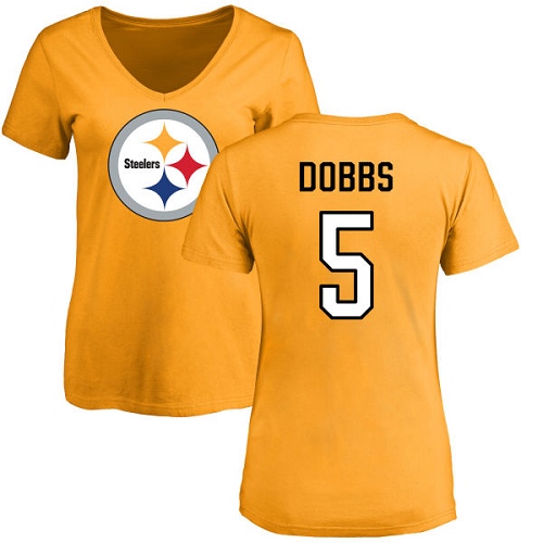 NFL Women's Nike Pittsburgh Steelers #5 Joshua Dobbs Gold Name & Number Logo Slim Fit T-Shirt