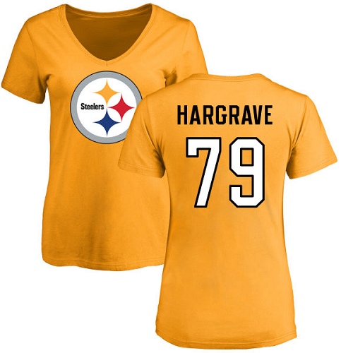 NFL Women's Nike Pittsburgh Steelers #79 Javon Hargrave Gold Name & Number Logo Slim Fit T-Shirt