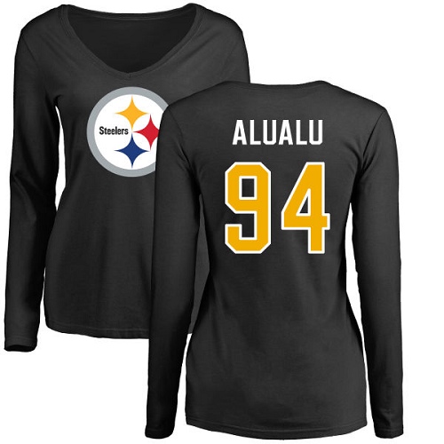 NFL Women's Nike Pittsburgh Steelers #94 Tyson Alualu Black Name & Number Logo Slim Fit Long Sleeve T-Shirt