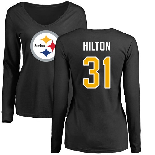 NFL Women's Nike Pittsburgh Steelers #31 Mike Hilton Black Name & Number Logo Slim Fit Long Sleeve T-Shirt