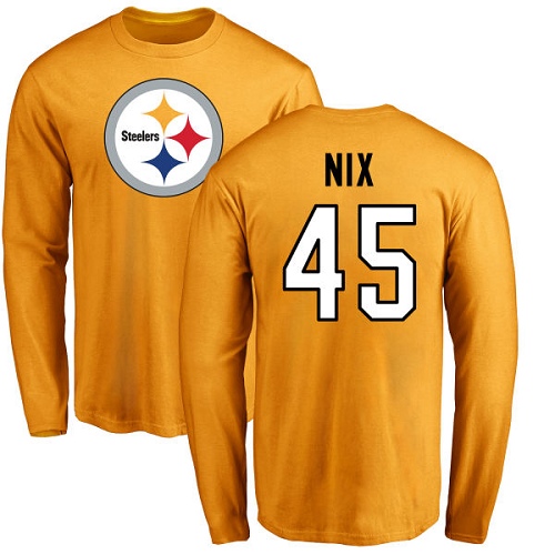 NFL Nike Pittsburgh Steelers #45 Roosevelt Nix Gold Name & Number Logo Long Sleeve T-Shirt