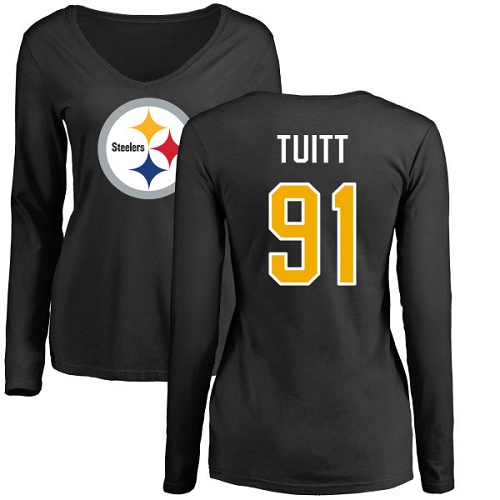 NFL Women's Nike Pittsburgh Steelers #91 Stephon Tuitt Black Name & Number Logo Slim Fit Long Sleeve T-Shirt