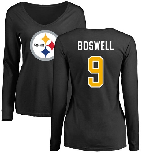 NFL Women's Nike Pittsburgh Steelers #9 Chris Boswell Black Name & Number Logo Slim Fit Long Sleeve T-Shirt