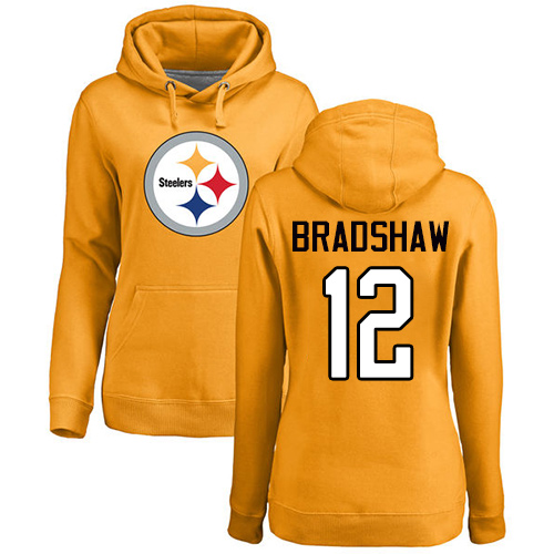 NFL Women's Nike Pittsburgh Steelers #12 Terry Bradshaw Gold Name & Number Logo Pullover Hoodie