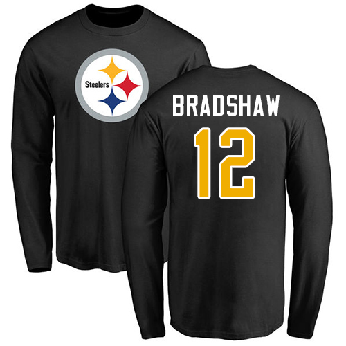 NFL Nike Pittsburgh Steelers #12 Terry Bradshaw Black Name & Number Logo Long Sleeve T-Shirt