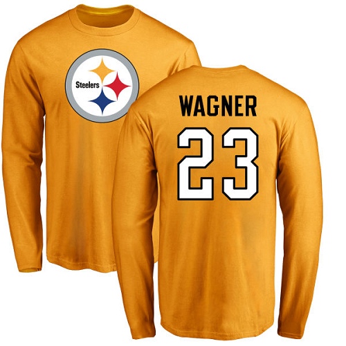 NFL Nike Pittsburgh Steelers #23 Mike Wagner Gold Name & Number Logo Long Sleeve T-Shirt
