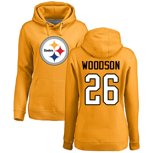 NFL Women's Nike Pittsburgh Steelers #26 Rod Woodson Gold Name & Number Logo Pullover Hoodie