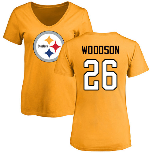 NFL Women's Nike Pittsburgh Steelers #26 Rod Woodson Gold Name & Number Logo Slim Fit T-Shirt