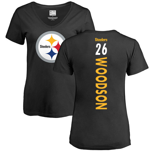 NFL Women's Nike Pittsburgh Steelers #26 Rod Woodson Black Backer Slim Fit T-Shirt