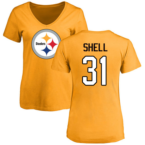 NFL Women's Nike Pittsburgh Steelers #31 Donnie Shell Gold Name & Number Logo Slim Fit T-Shirt