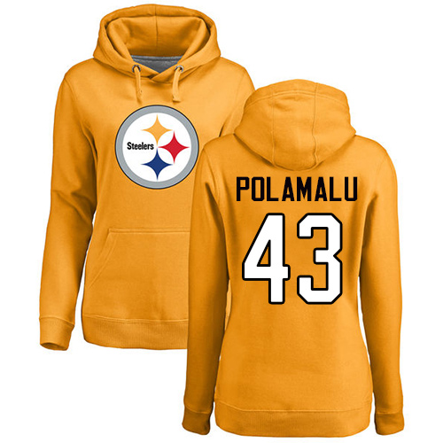 NFL Women's Nike Pittsburgh Steelers #43 Troy Polamalu Gold Name & Number Logo Pullover Hoodie