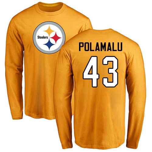 NFL Nike Pittsburgh Steelers #43 Troy Polamalu Gold Name & Number Logo Long Sleeve T-Shirt