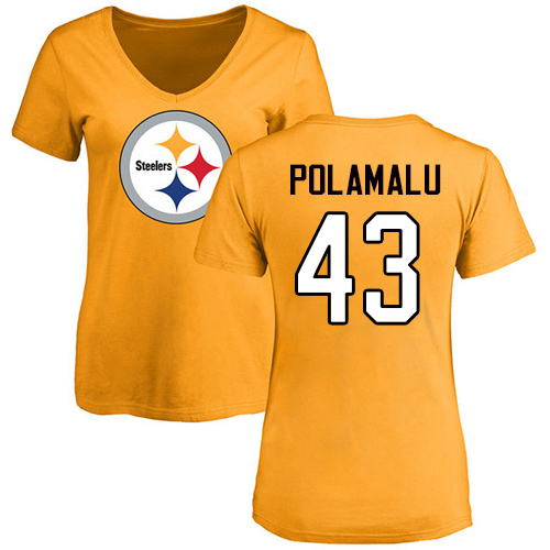 NFL Women's Nike Pittsburgh Steelers #43 Troy Polamalu Gold Name & Number Logo Slim Fit T-Shirt