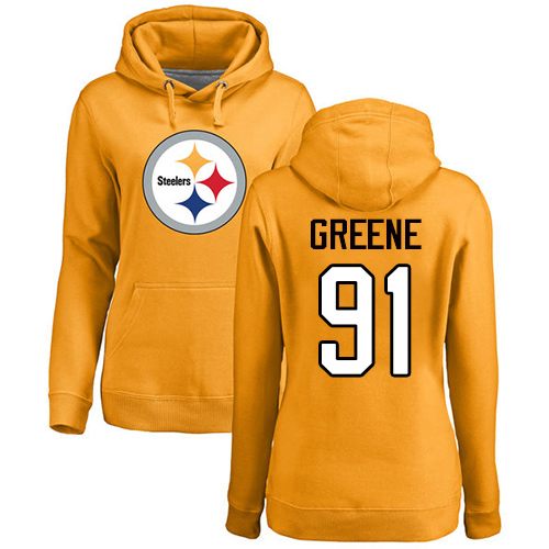 NFL Women's Nike Pittsburgh Steelers #91 Kevin Greene Gold Name & Number Logo Pullover Hoodie