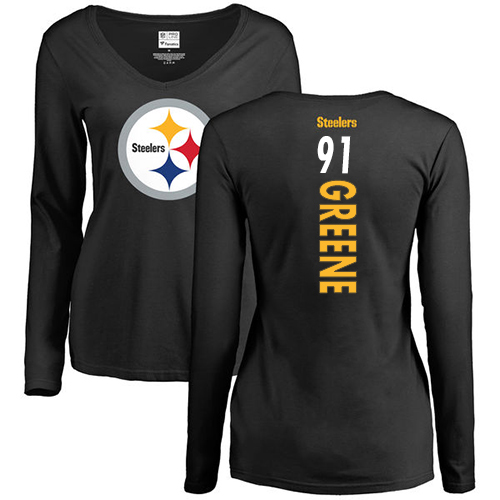 NFL Women's Nike Pittsburgh Steelers #91 Kevin Greene Black Backer Slim Fit Long Sleeve T-Shirt